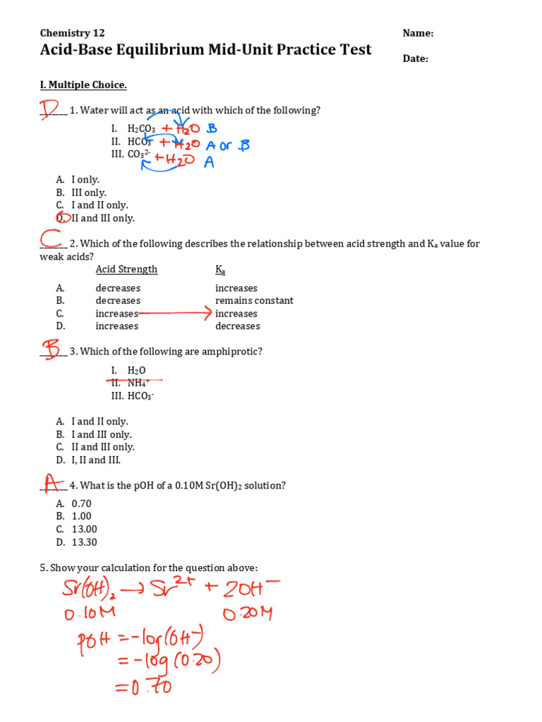 Acid-Base Equilibrium Practice Test | PDF | Applied And ...