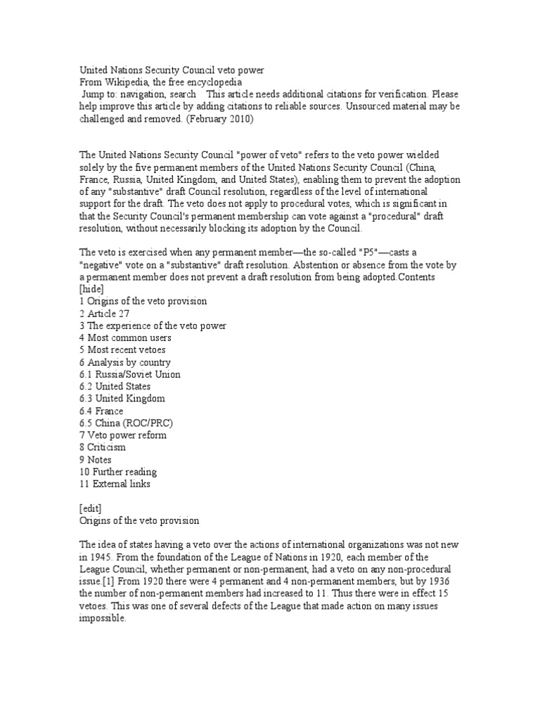 United Nations Security Council Veto Power PDF United Nations