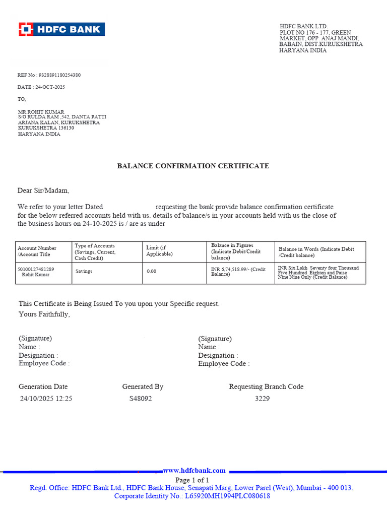 Balance Confirmation Certificate Template | PDF | Financial Economics ...