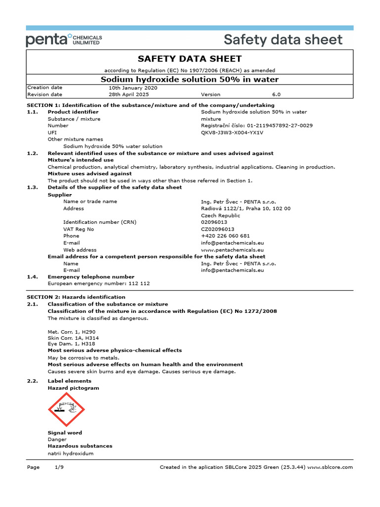 Sodium Hydroxide 50% Safety Data Sheet | PDF | Chemical Substances ...