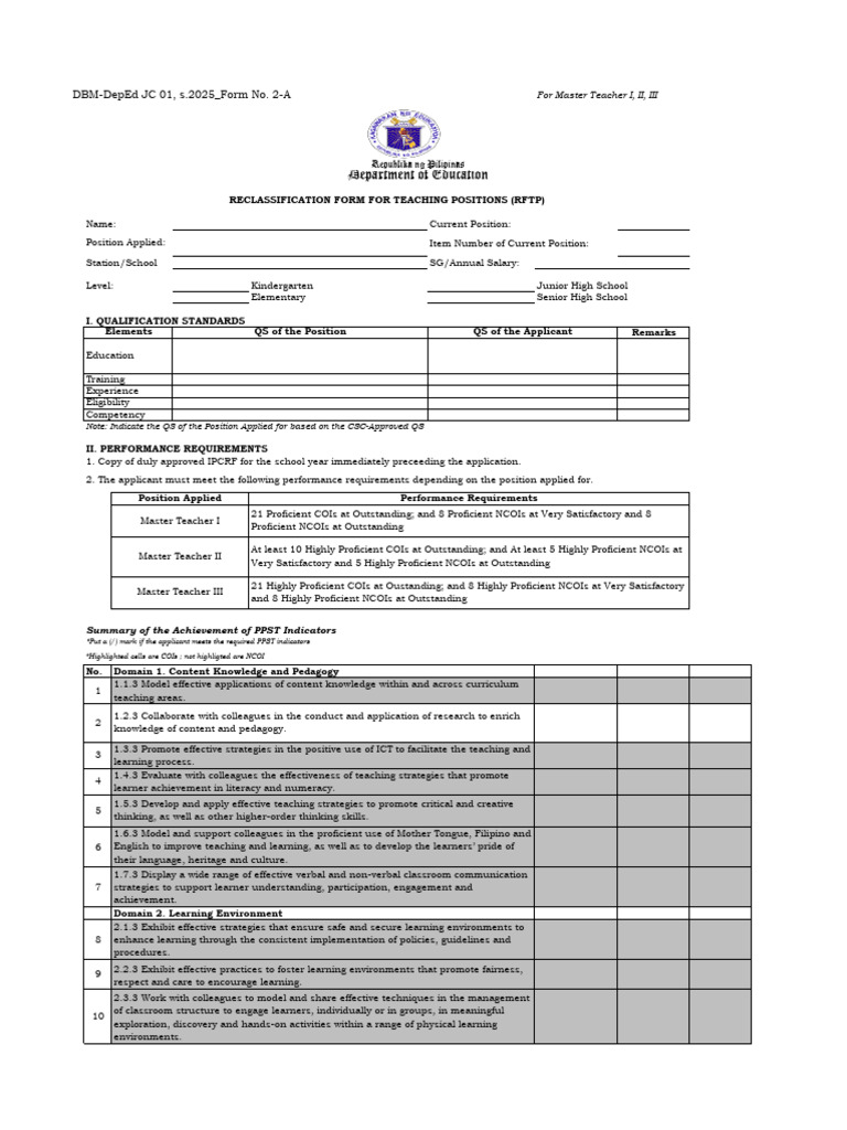 Master Teacher Position Reclassification Form | PDF | Learning ...
