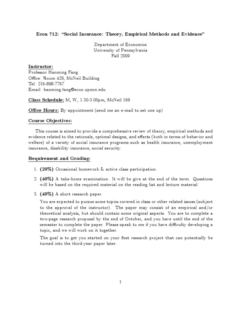 Social Insurance Course Overview | PDF | Adverse Selection | Unemployment