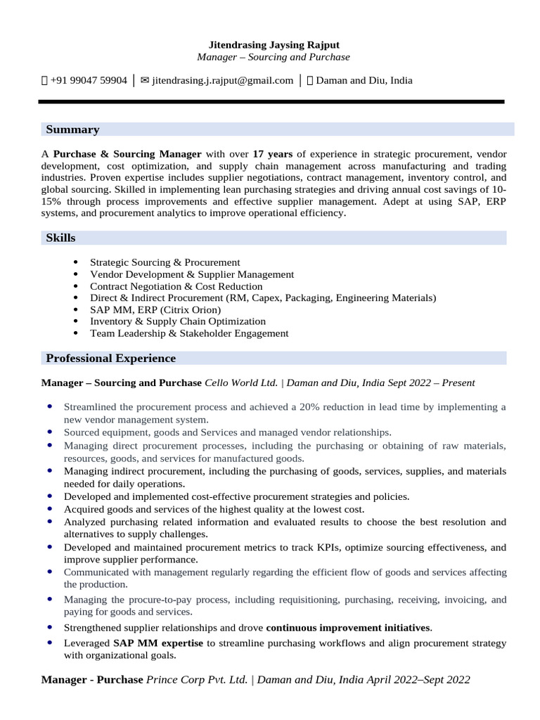 Experienced Procurement Manager Profile | PDF | Procurement | Supply Chain