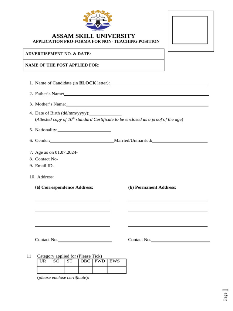 Assam Skill University Non-Teaching Application | PDF