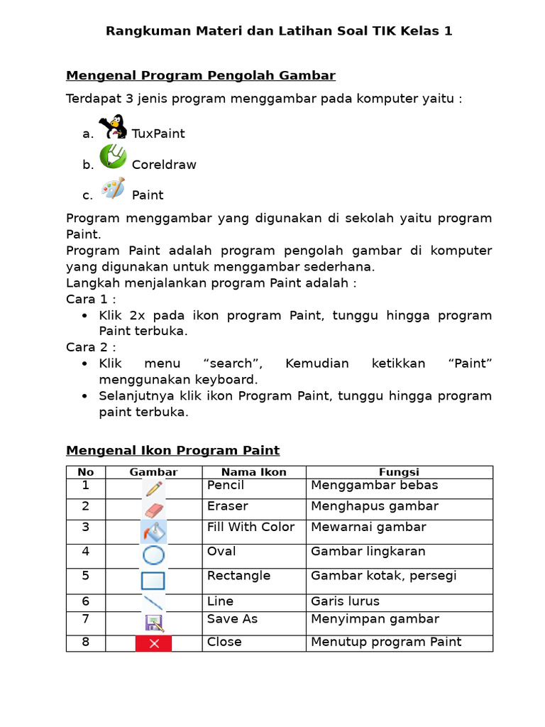 Panduan Program Paint untuk Kelas 1 | PDF