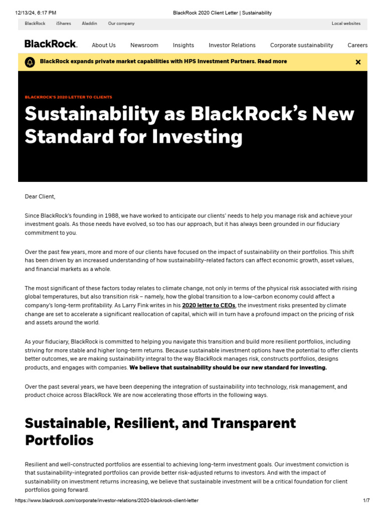 BlackRock 2020 Client Letter - Sustainability | PDF | Black Rock ...