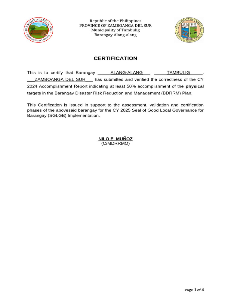 Barangay Alang-alang BDRRM Certifications | PDF
