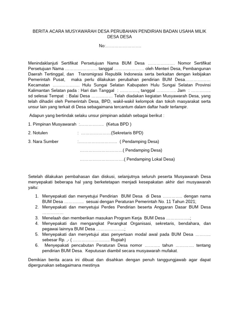 Berita Acara Musyawarah Pendirian BUM Desa | PDF
