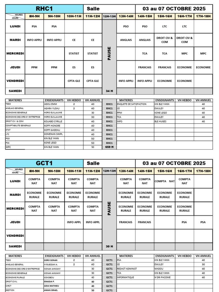 Emploi du temps des cours 2025 | PDF