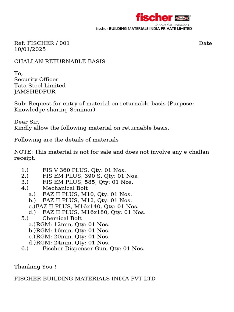 Returnable Challan - Format | PDF