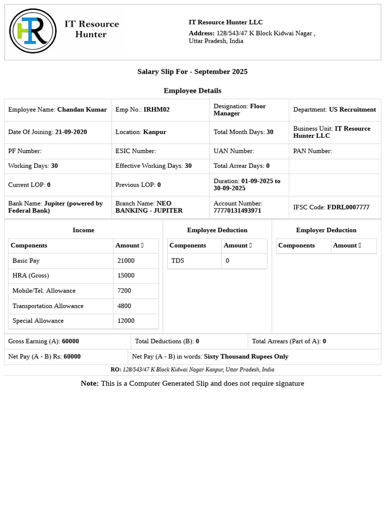 September 2025 Salary Slip for Chandan Kumar | PDF | Taxes | Government ...