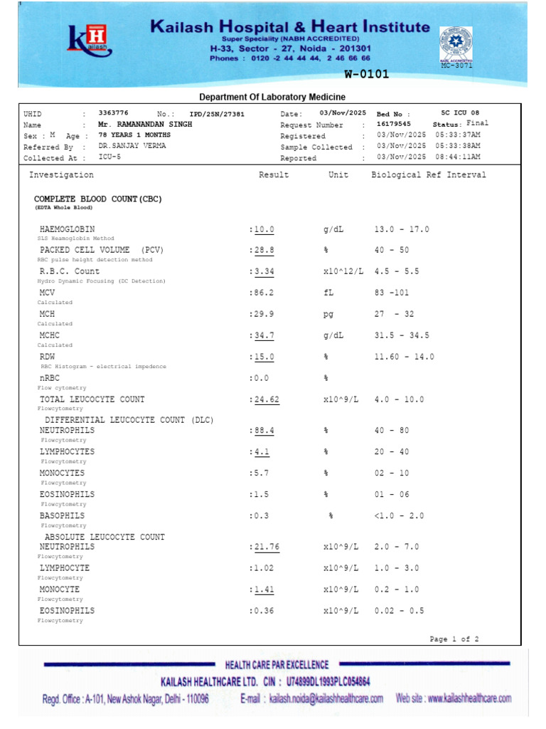 CBC Report for Mr. Ramanandan Singh | PDF | White Blood Cell | Blood