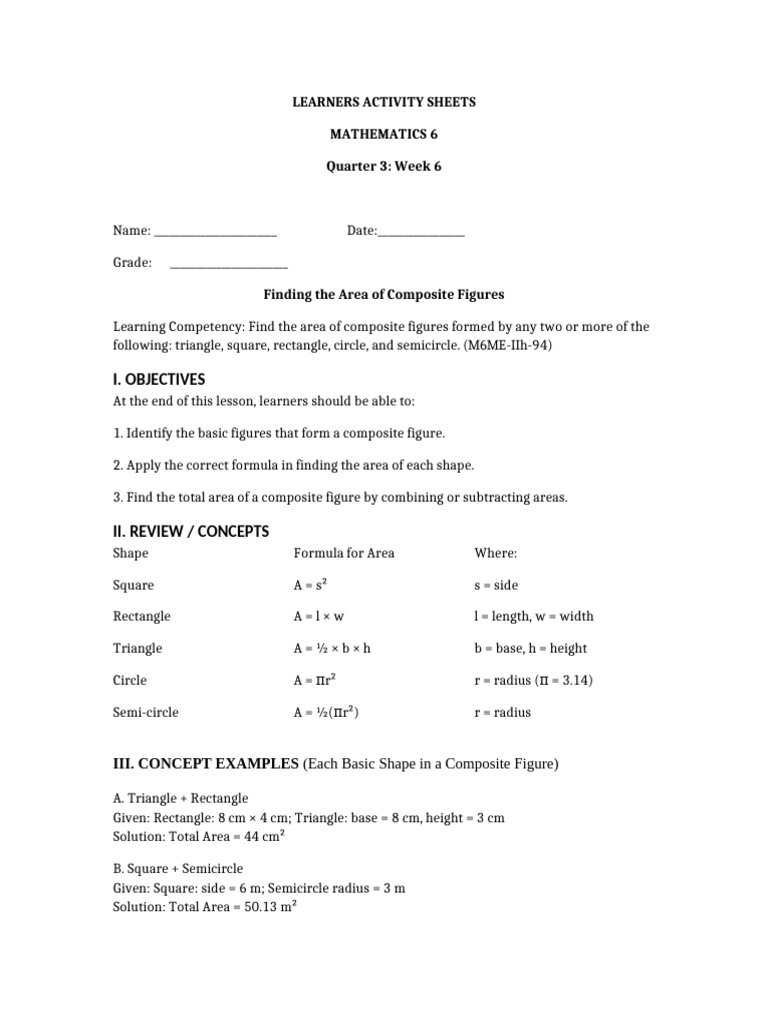 Area of Composite Figures for Grade 6 | PDF | Area | Elementary Mathematics