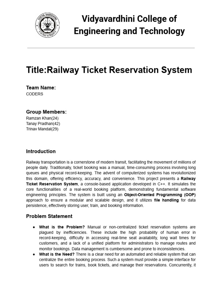Title - Railway Ticket Reservation System | PDF | C++ | Object Oriented ...