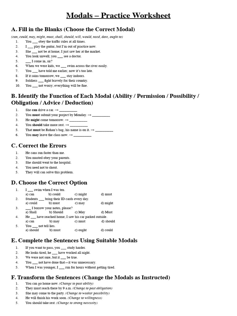 Modals Practice Worksheet | PDF | Linguistics | Grammar