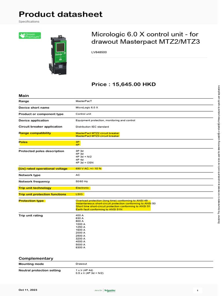 Micrologic 6.0 X Control Unit Datasheet | PDF | Alternating Current ...