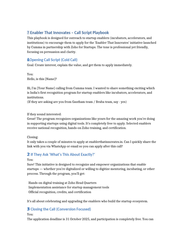 Enabler That Innovate Call Script For New Intern | PDF | Startup ...
