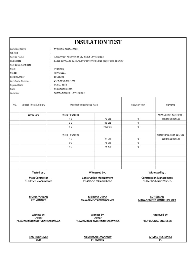 Insulation Resistance Test Report for MV Cable | PDF | Electricity ...