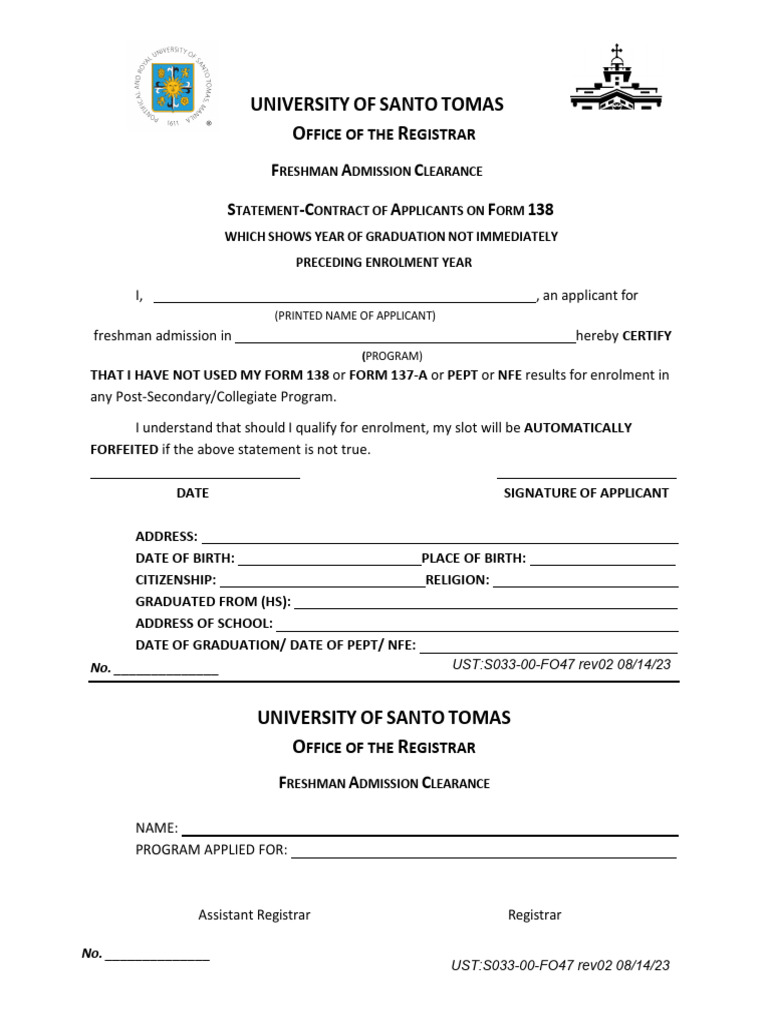 Freshman Admission Clearance Form | PDF
