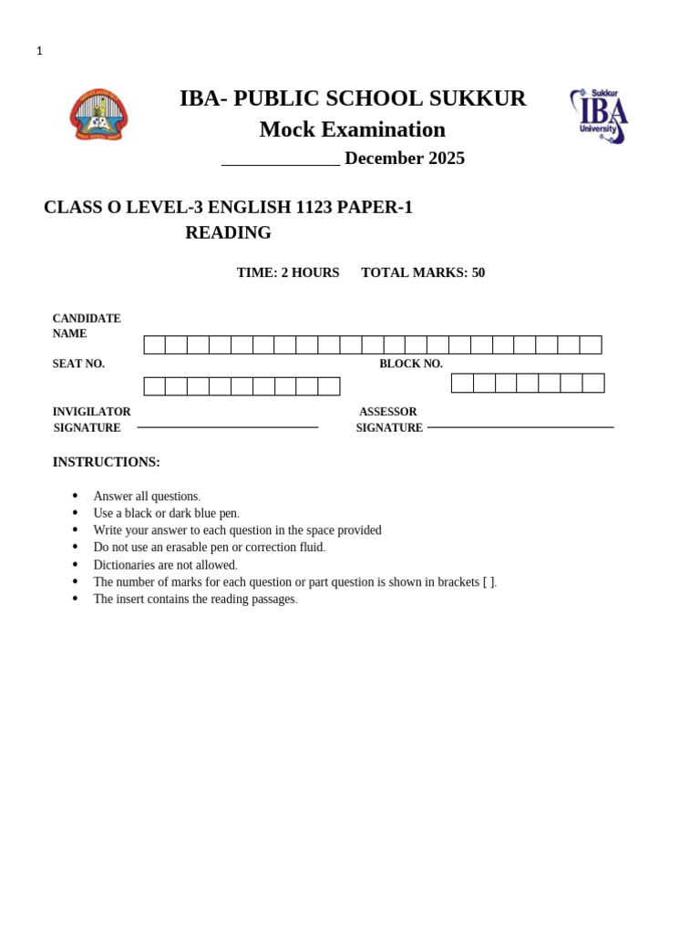 O Level English Mock Exam December 2025 | PDF | Psychological Concepts