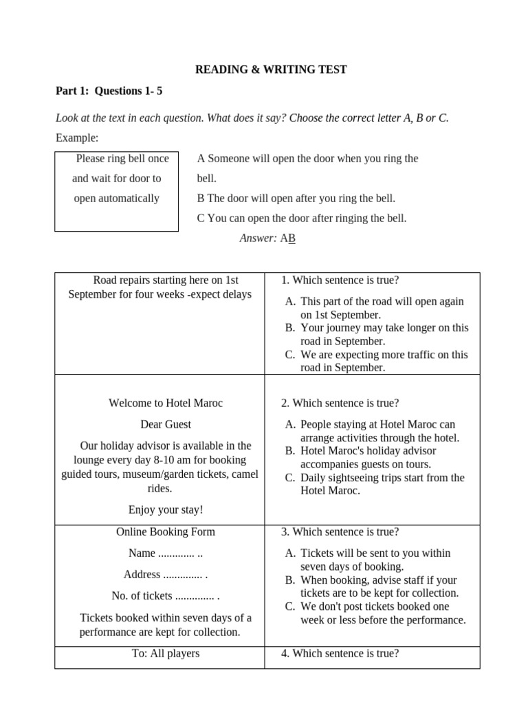 Reading and Writing Test Questions | PDF