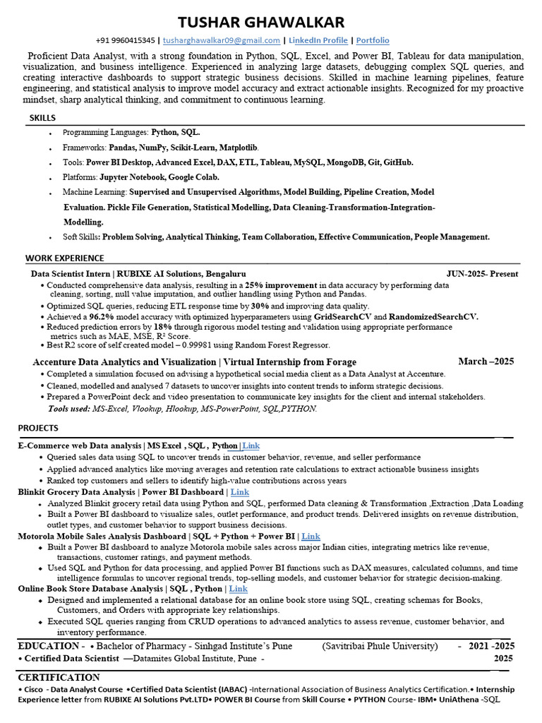 Data Analyst Resume and Portfolio | PDF | Data Analysis | Machine Learning