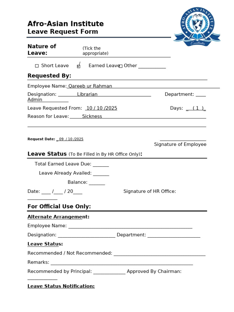Afro-Asian Institute Leave Request Form | PDF