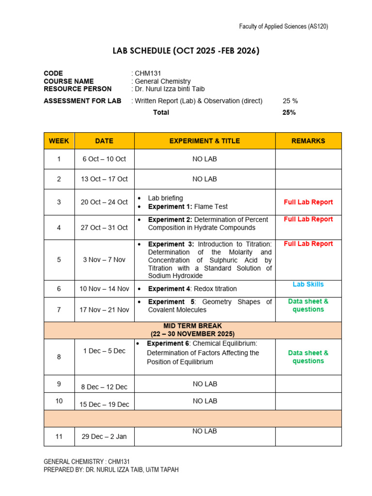 Lab Schedule Oct2025-Feb2026 | PDF | Chemistry | Titration