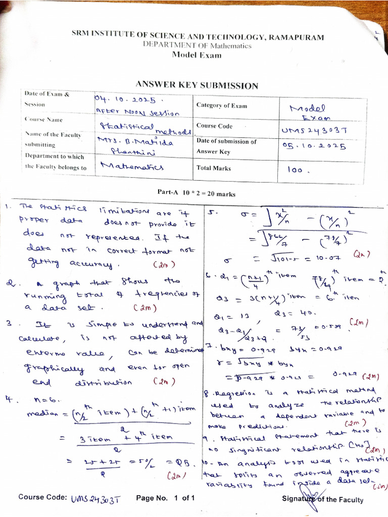 Statistical Methods Model Answer Key | PDF