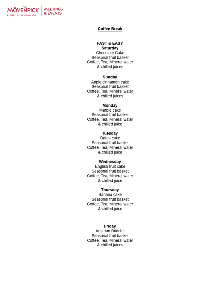 Weekly Coffee Break Cake Menu | PDF
