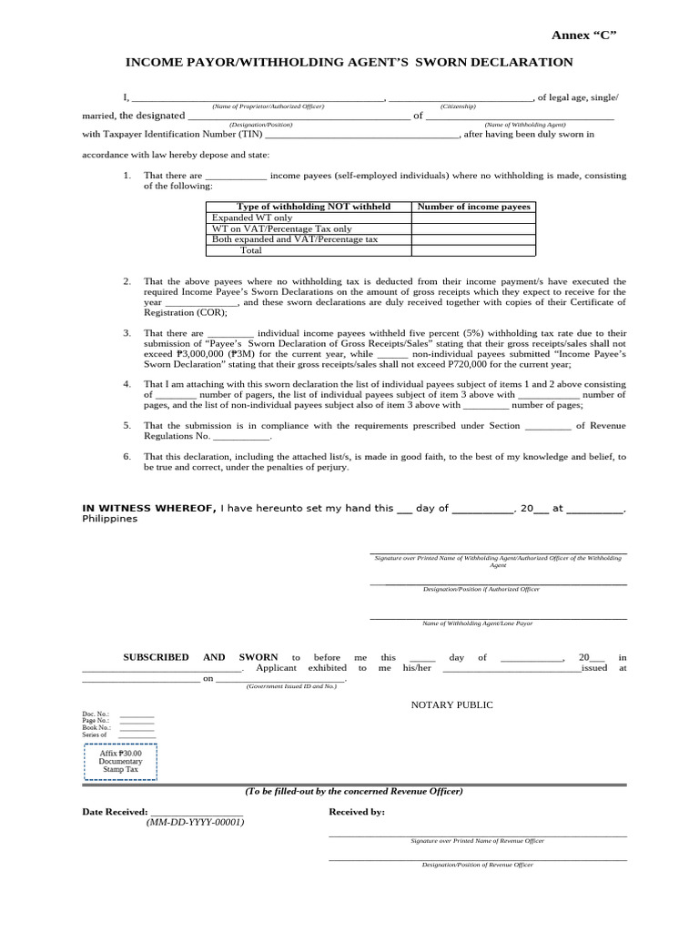 Income Payor Sworn Declaration Form | PDF | Money | Public Finance