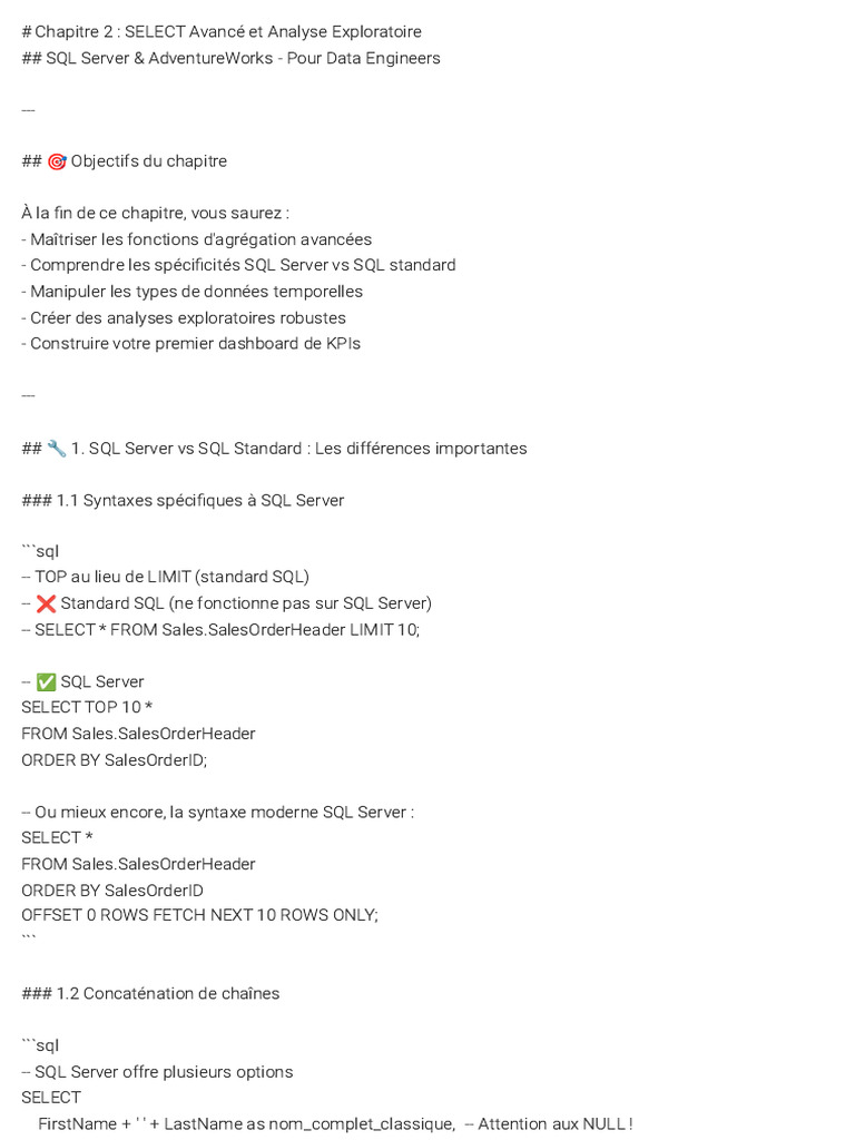 SQL Server : SELECT Avancé et KPIs | PDF | SQL | Programmation informatique