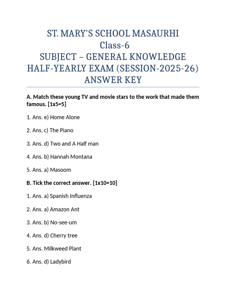 Class 6 General Knowledge Answer Key | PDF | Chess Theory | Chess