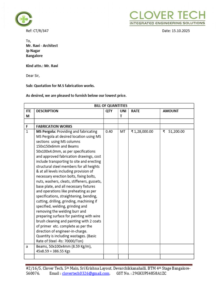 MS Fabrication Work Quotation | PDF | Screw | Metal Fabrication