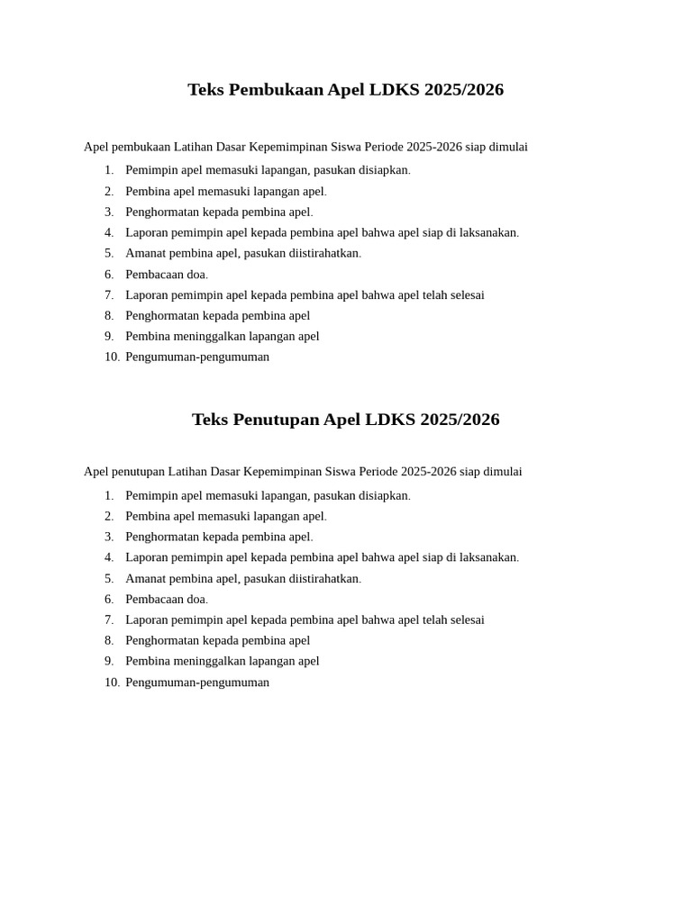 Teks Apel Pembukaan LDKS 2025/2026 | PDF