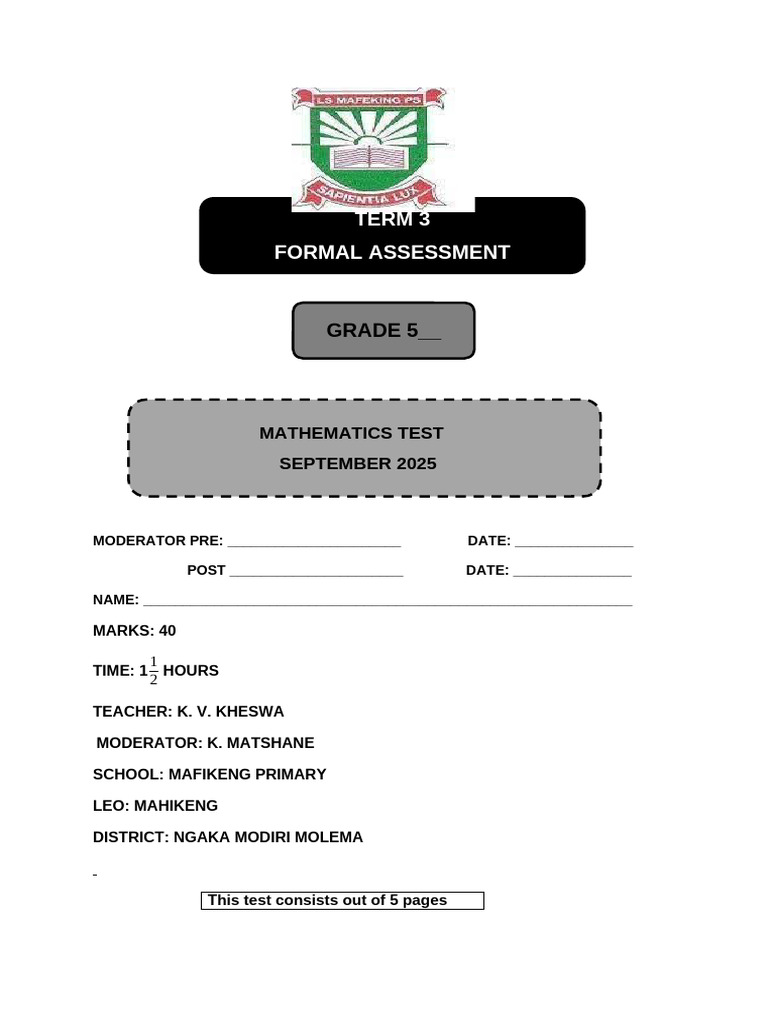 Grade 5 Mathematics Test September 2025 | PDF
