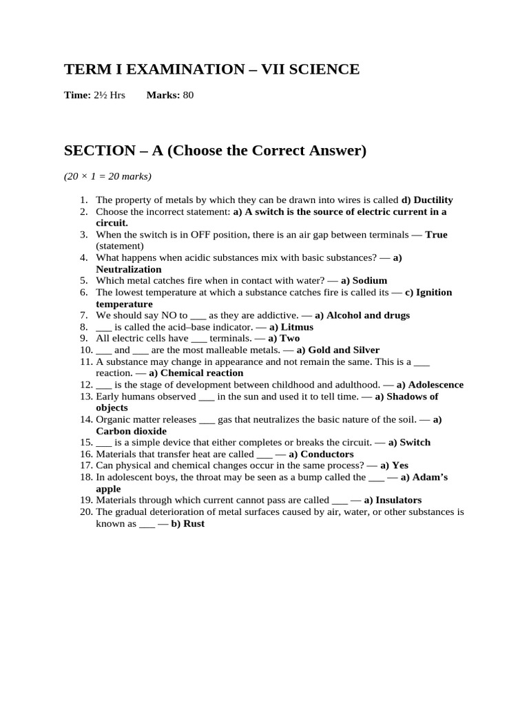 7 Science Term 1 Answer Key | PDF | Metals | Ductility