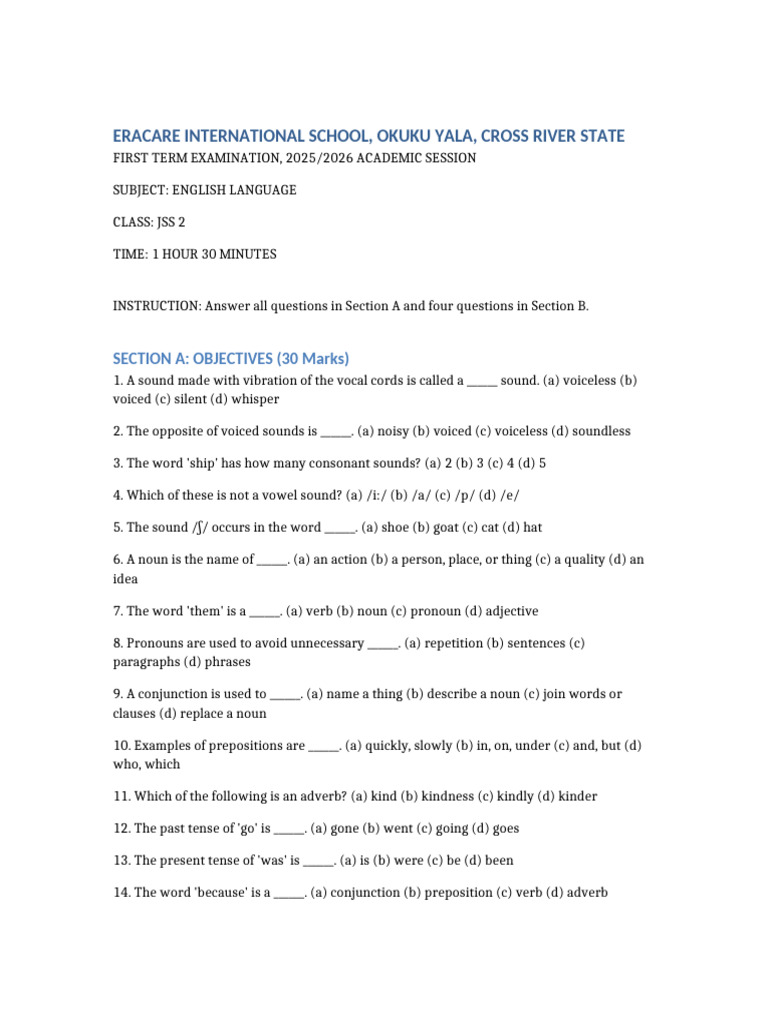 JSS2 English Exam First Term 2025 2026 | PDF | Adverb | English Language