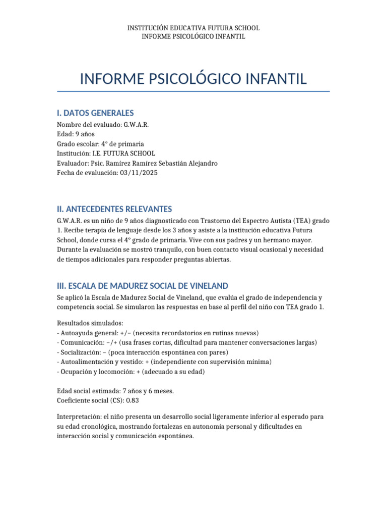 Informe Psicológico Infantil TEA 9 Años | PDF | Las emociones | Autismo