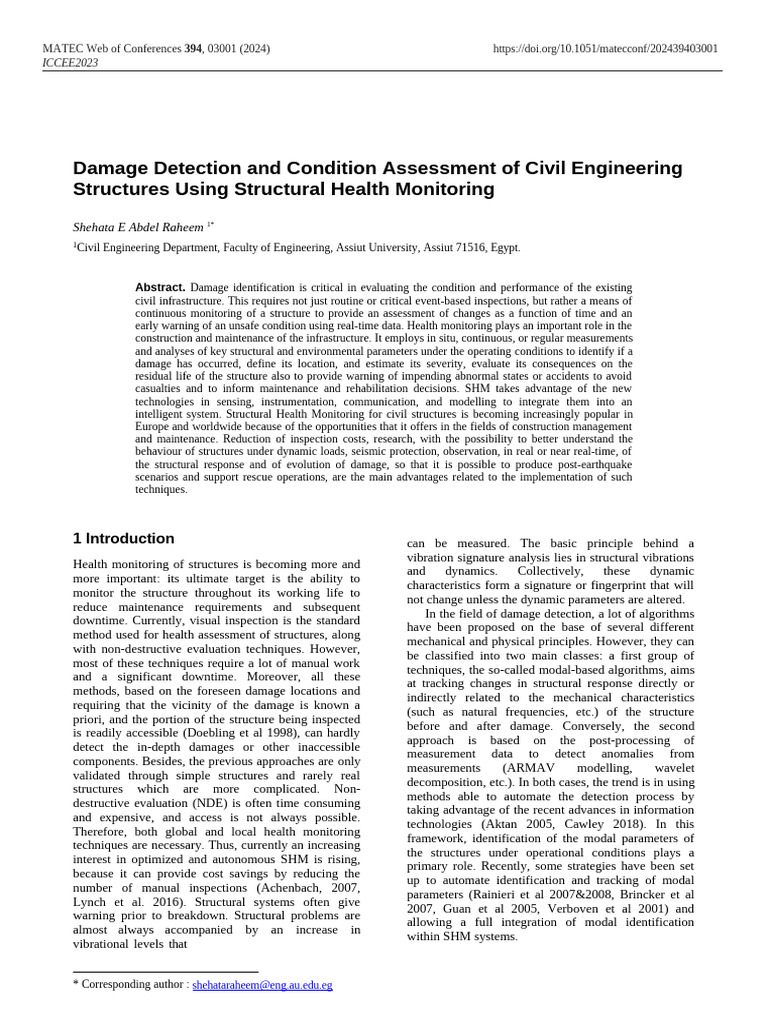 Structural Health Monitoring for Damage Detection | PDF | Finite ...