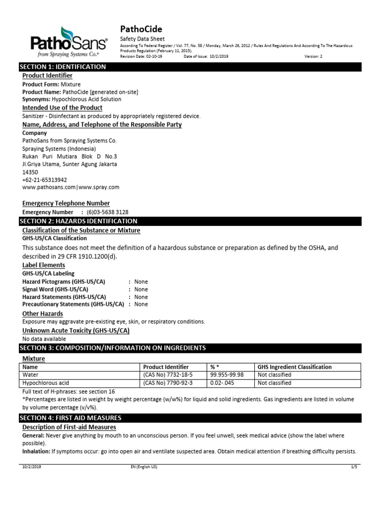 PathoCide Safety Data Sheet Summary | PDF | Firefighting | Toxicity