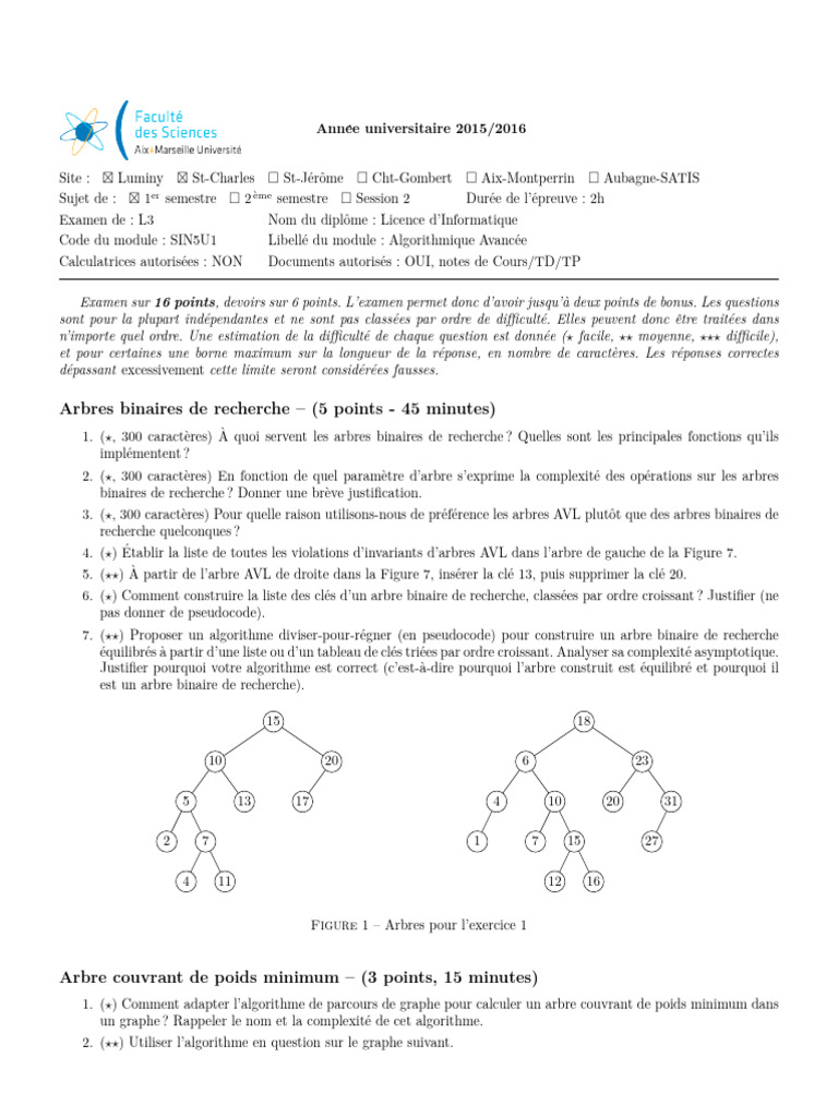 Examen L3 Algorithmique Avancée 2015/2016 | PDF | Mathématiques ...