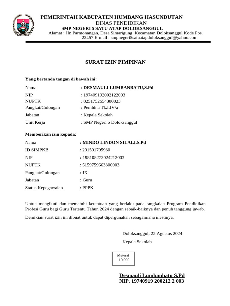 Surat Izin Program Pendidikan Guru 2024 | PDF