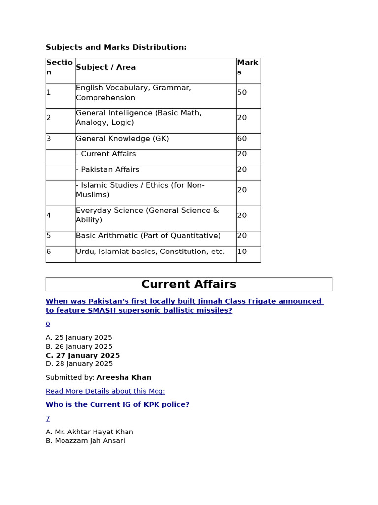 Pakistan Current Affairs MCQs 2025 | PDF | Pakistan | Government Of ...