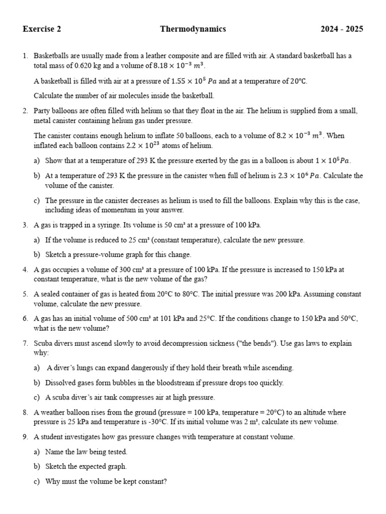 Thermodynamics Exercises: Gas Laws & Calculations | PDF | Gases | Pressure