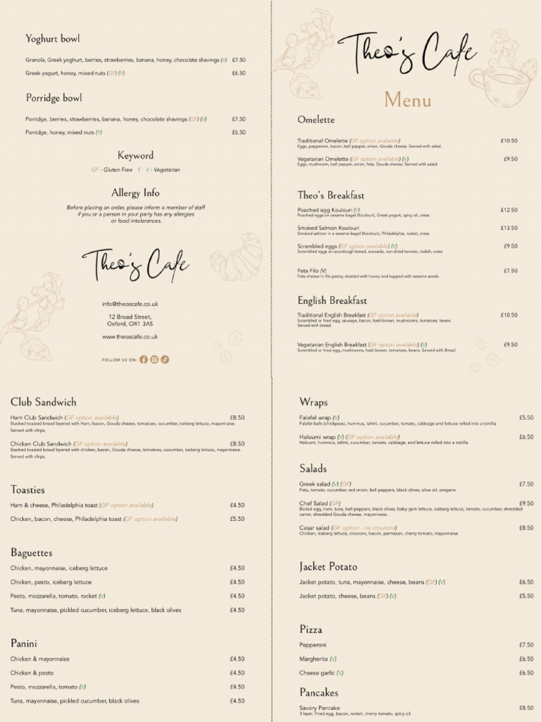 Theo's Cafe Menu | PDF