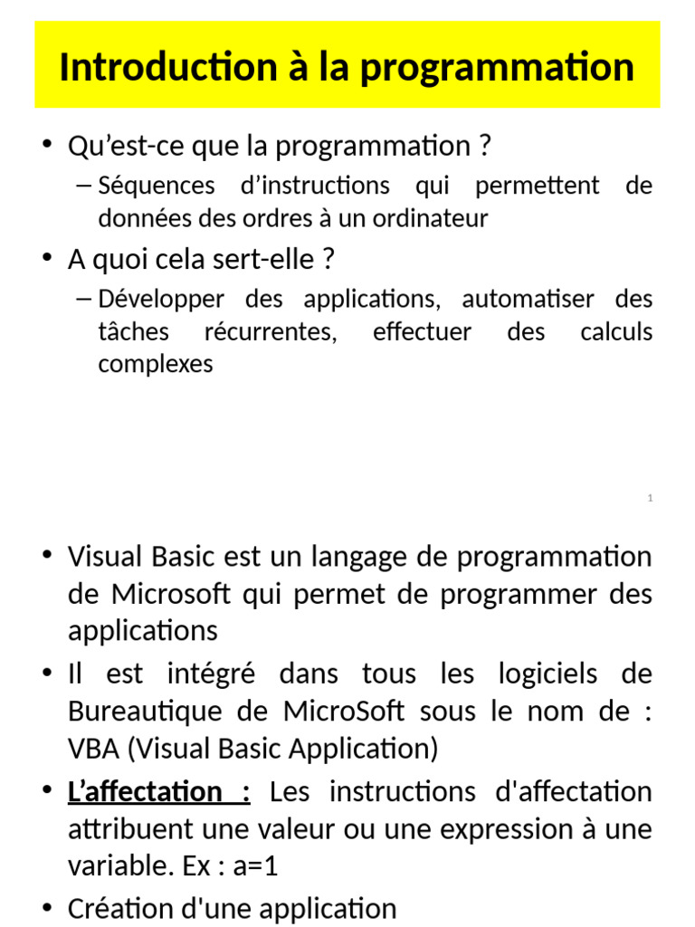 Introduction à la programmation VBA | PDF | Visual Basic for ...
