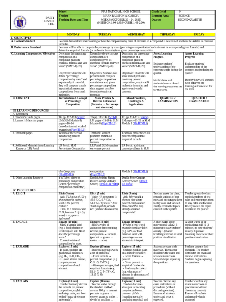 Science 9 q2 Dll Week 8 -Percentage Composition of a Compound | PDF ...