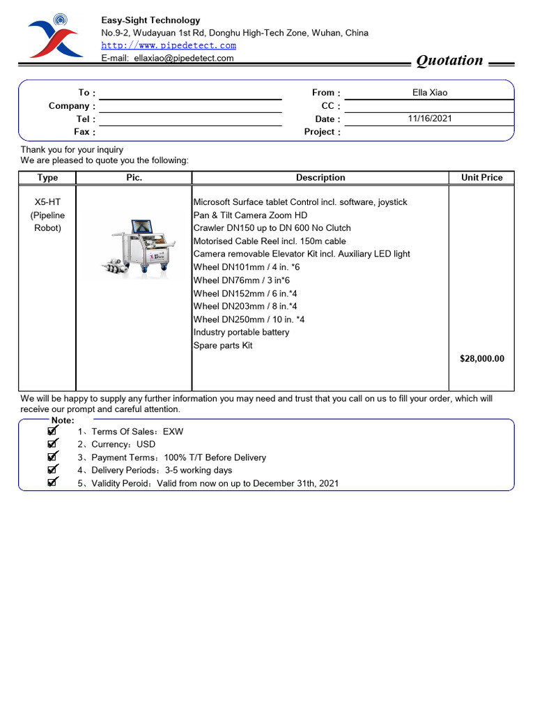 EXW Quotation for X5-HT Equipment | PDF | Manufactured Goods