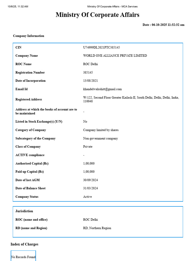 World One Alliance Pvt Ltd Company Info | PDF